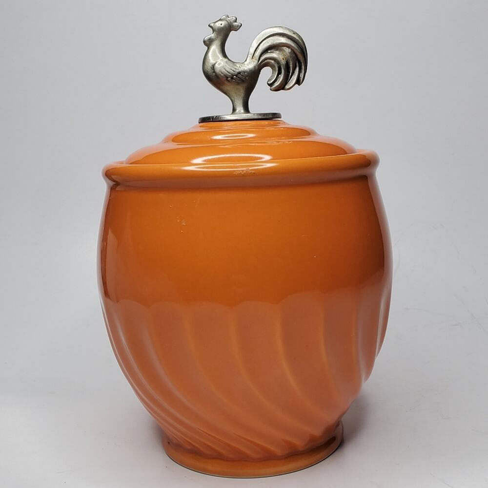 Lillian Vernon Orange Rooster handled lidded storage canister for kitchen 5.5" T